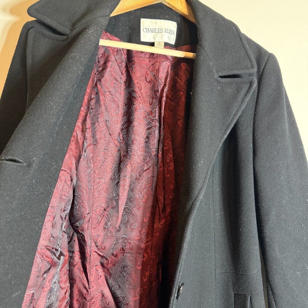 Vintage Charles Klein 100% Wool Long Overcoat Women's 12 Black Minimalist Retro - Picture 13 of 14